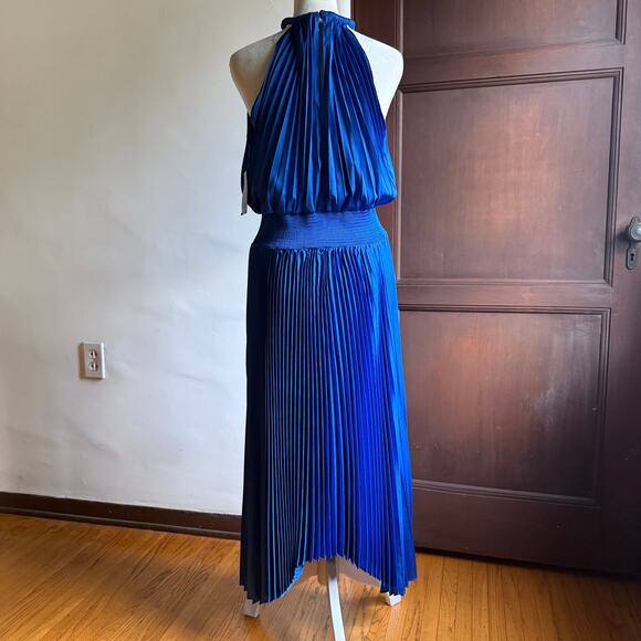 BOSTON PROPER | Blue Pleated Charmeuse HIgh Neck Midi Dress | Medium - Picture 5 of 7